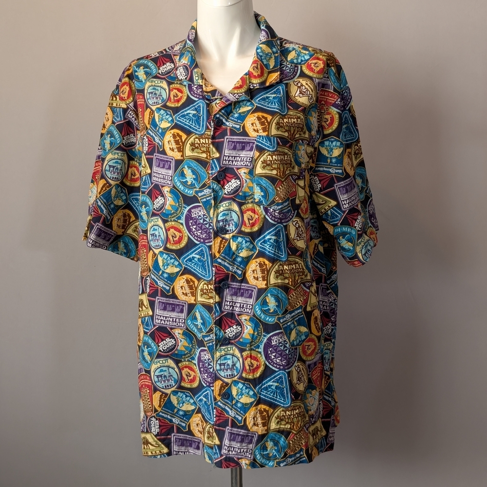 Disney All 4 Parks Camp Patches Hawaiian Shirt All Over Print Vented Size Large